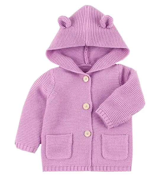 Зимний теплый свитер для новорожденных, вязаный кардиган серого цвета со съемным меховым капюшоном для маленьких мальчиков и девочек, осенняя верхняя одежда, вязаная одежда для детей 0-24 месяцев - Цвет: 82W443 Light purple