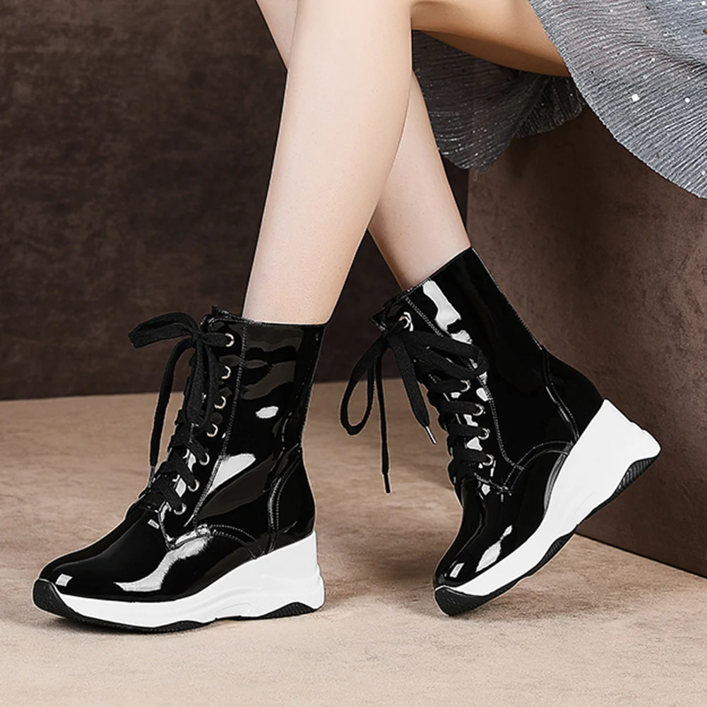 

Fashion Patent Genuine Leather Autumn Winter Boots Woman High Heels Lace Up Soft Comfortable Boots Woman Wedges Shoes Women