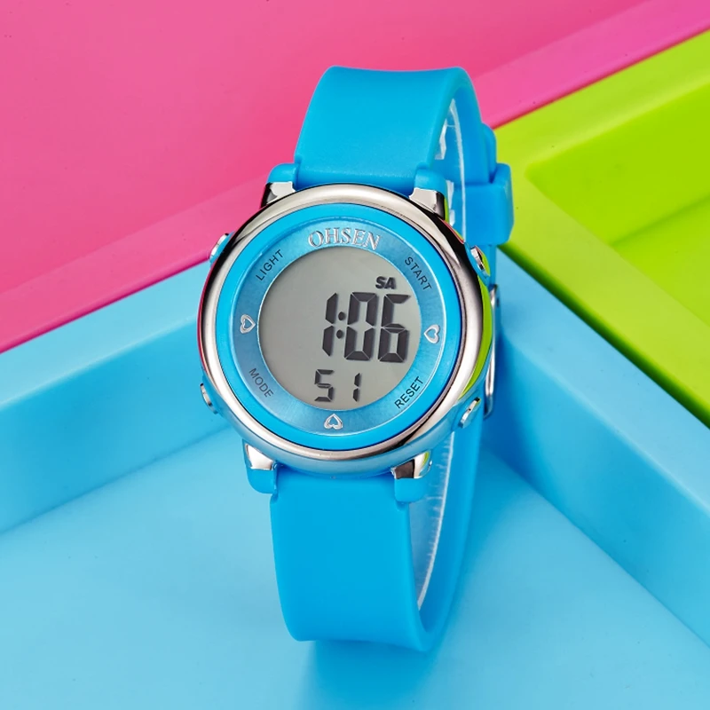 Модный бренд OHSEN, цифровые детские наручные часы для мальчиков, детский пластиковый ремешок, водостойкие спортивные часы с будильником, подарок