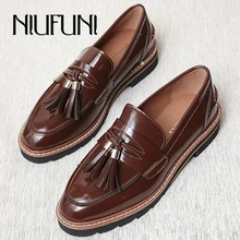 Модные повседневные женские лоферы с бахромой; Новое поступление; удобная рабочая обувь на плоской подошве с круглым носком; Осенняя кожаная обувь без застежки