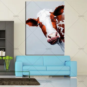 

Hot sel 100% handpainted Cartoon modern Happy cow Oil Painting on Canvas Abstract Animal Wall Art for Home Decoration
