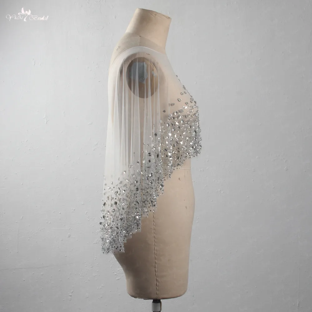 LZP415 Real Pictures Silvery Crystal White Tulle Boat Neckline Wedding Cape Ladies Heavy Beaded Bridal Jacket