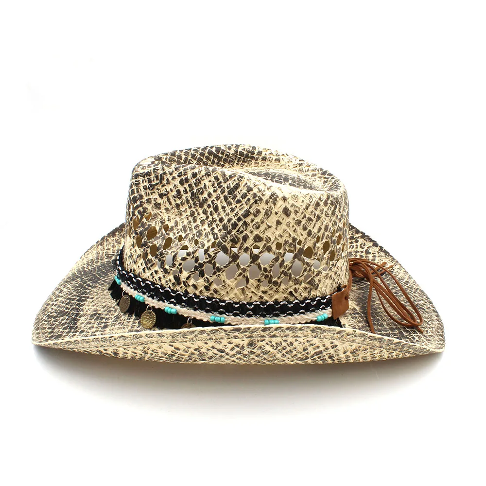 9 Women Men Straw Western Cowboy Hat Handmade Weave Lady Dad Sombrero Hombre Cowgirl Jazz Caps Bohemian Tassel Band Size 56-58CM