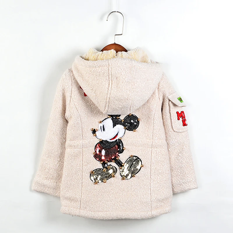 Детские пальто для маленьких девочек, верхняя одежда зимние куртки с блестками и изображением Микки Мауса, цвета: белый, серый шерстяная теплая одежда для детей 2, 3, 4, 5, 6 лет