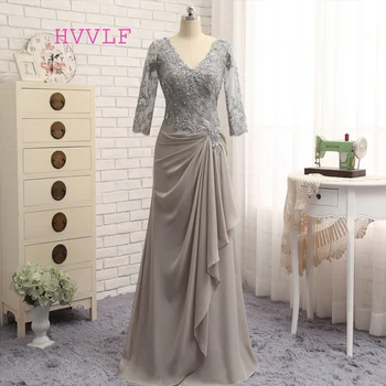 

Plus Size Gray 2019 Mother Of The Bride Dresses A-line 3/4 Sleeves Chiffon Lace Wedding Party Dress Mother Dresses For Wedding