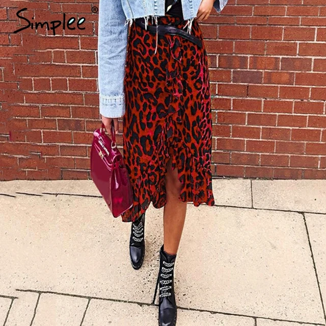 US $15.59 Simplee Sexy leopard midi pencil skirt women Autumn high waist ruffle red girl skirts 2018 Vintage 