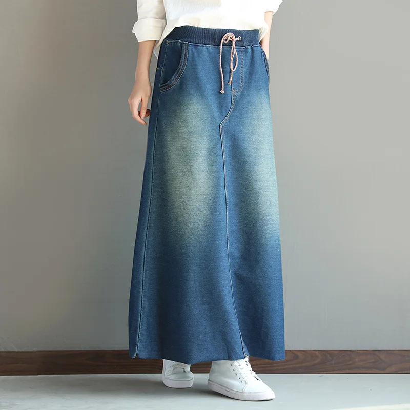2018 Новое поступление женские макси юбки с высокой эластичной талией винтажные осенние джинсовые юбки женские отбеленные длинные юбки Jupe