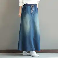 2018 New Arrival Womens Maxi Skirt High Elastic Waist Vintage Autumn Denim Skirts Ladies Bleached Long Skirt Jupe Jean Femme