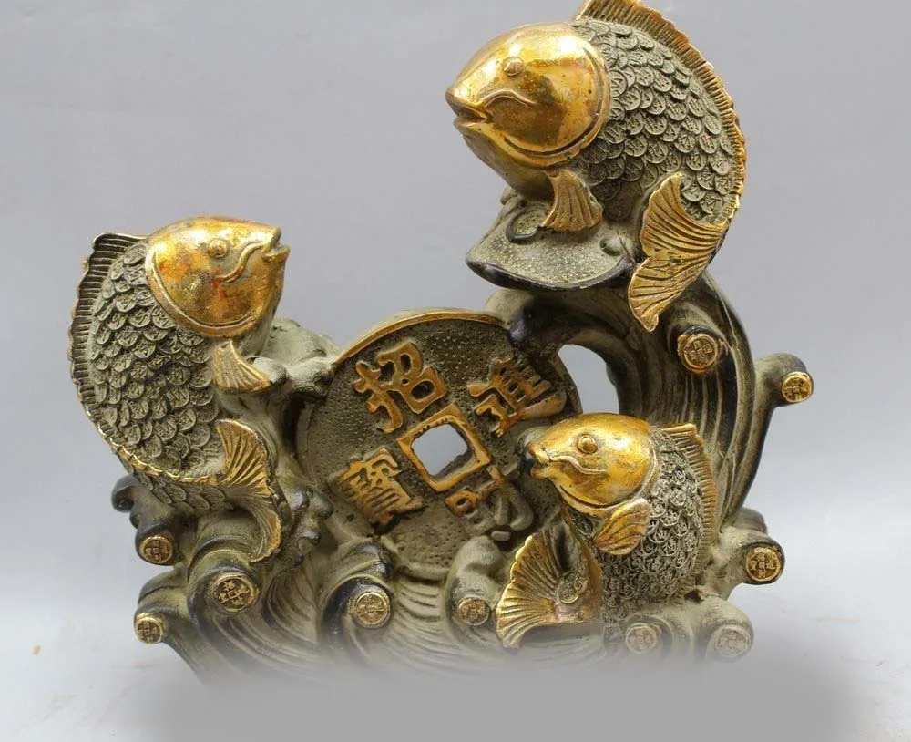 

10" Chinese Bronze Wealth Money 3 Fish Barracuda Fishes Goldfish Animal Statue