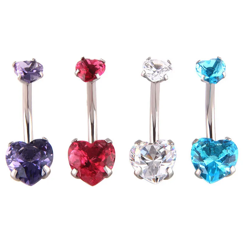 Sexy Double Heart Dangle Belly Button Ring Cz Crystal Piercing Barbell Surgical Steel Navel 