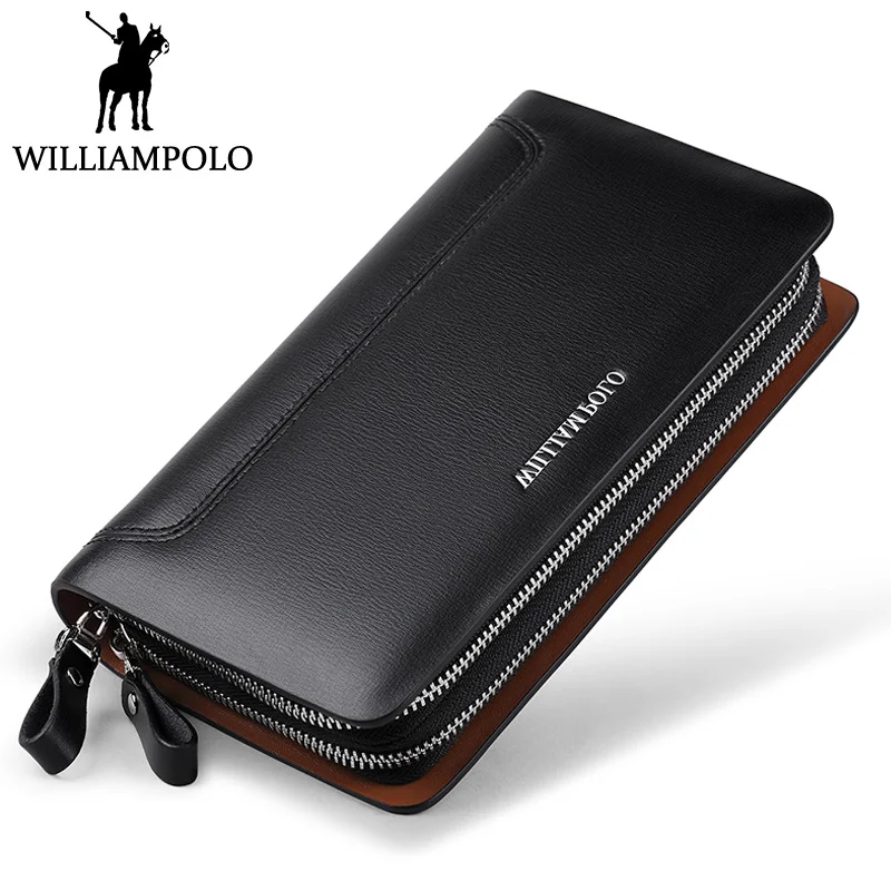 WILLIAMPOLO 2018 Genuine font b Leather b font Clutch Bag For Men Double Zipper Design Handy