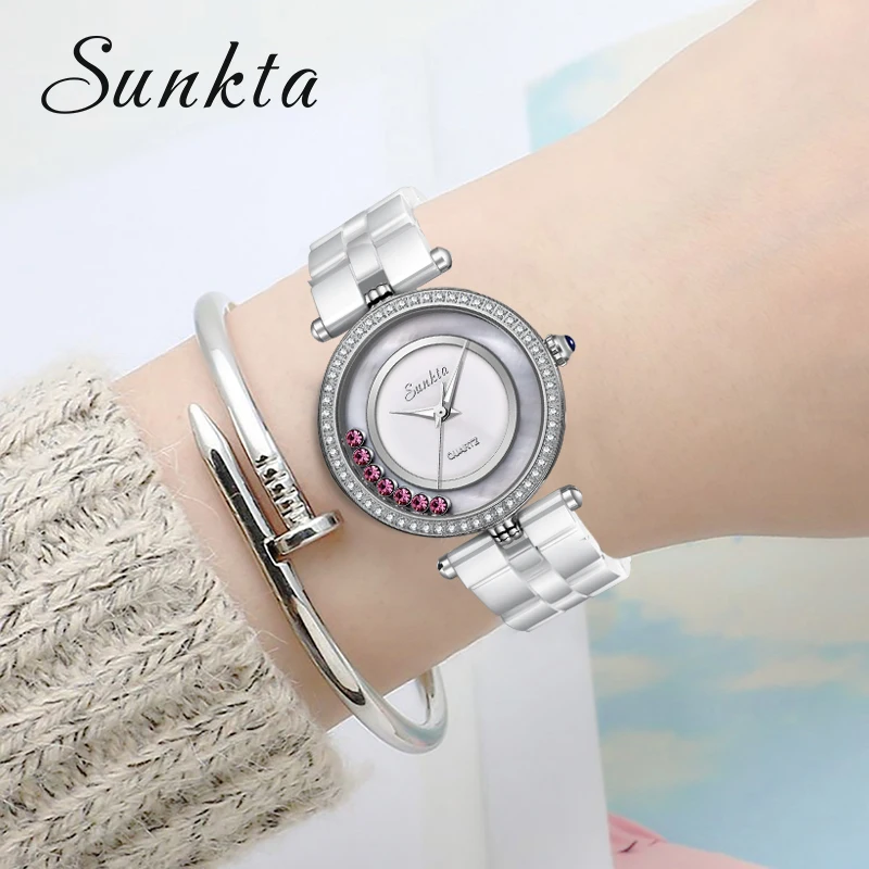 

SUNKTA Top Brand Luxury Diamond Watch Ceramic Quartz Women Watches Waterproof Mother-of-pearl Surface Watch Women Zegarek Damski