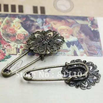 

21mm Antique Bronze Plated Blank Circle Filigree Flower Bezel Cameo Brooches Bases Safety-Pin Clip Settings Findings 40pcs/lot