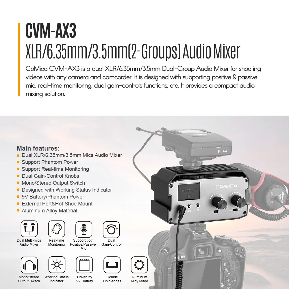 CoMica CVM-AX3 XLR Microphone for Canon Sony DSLR Camera Camcorder Mic Audio Mixer Audio Mixer Adapter Preamplifier