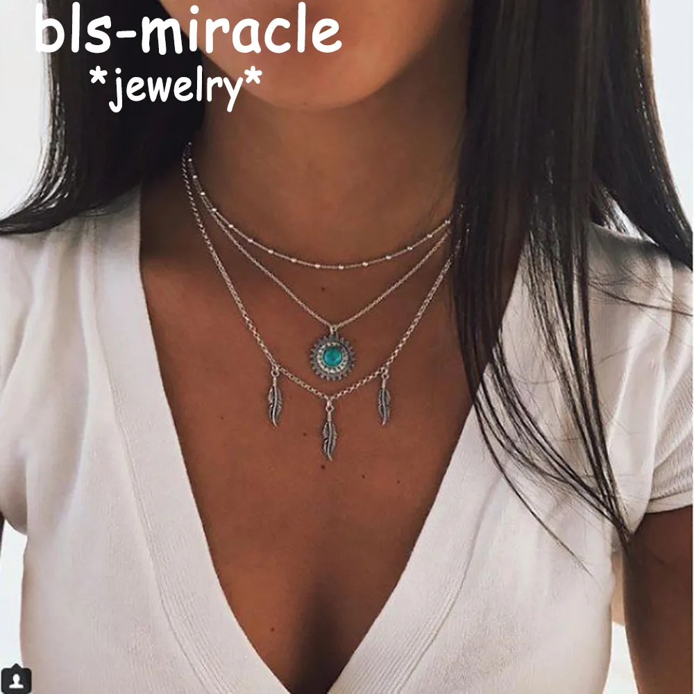

Boho Blue Gem Pendant Round Drop Necklace Choker Ancient Silver Feather Chain Multi-layer Necklaces For Women Party Jewelry