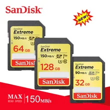 Двойной флеш-накопитель SanDisk Extreme SD Card 64 Гб 128 150 МБ/с. карт памяти SD, карта памяти SDXC с Class10 C10 U3 V30 в формате 4K UHD, для Камера SD карты