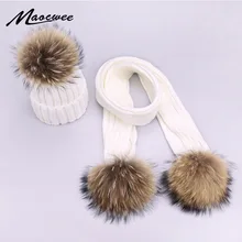 Soild Color White Black Hat Cap For Women Children Scarf Hat Set With Fur Pompon Winter Children Adult Real Fur Pom Pom Caps New