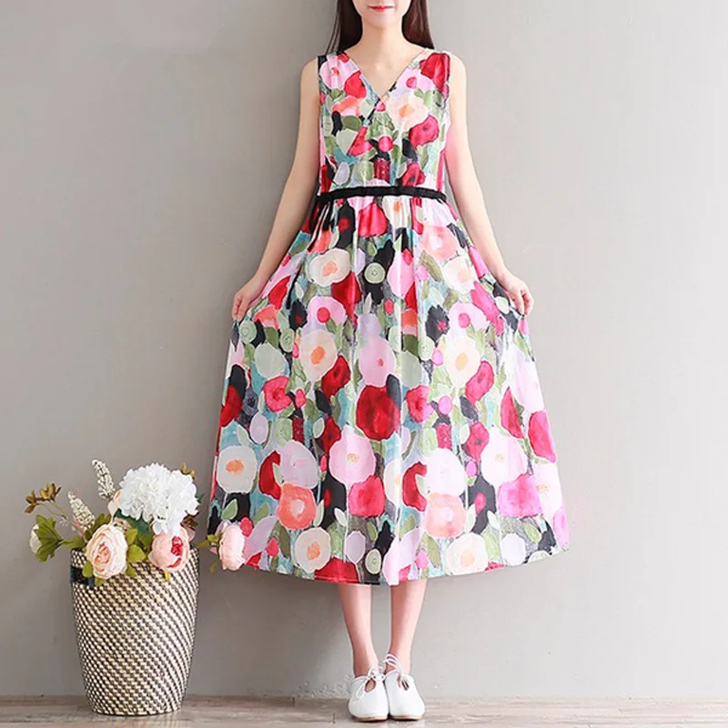 

Clobee Women Summer Dress Cotton A Line Flower Print Dress Sleeveless mori girl Dresses High Waist Mori Gril Plus Size Dress
