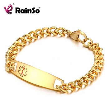

RainSo Stainless Steel ID Bracelet Gold Alert ID Bracelets for Men Women Free Customize ID Name