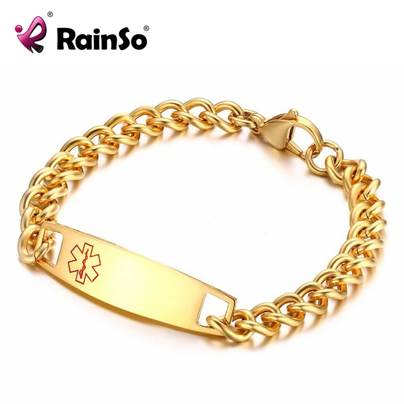 RainSo Stainless Steel ID Bracelet Gold Medical Alert ID Bracelets for