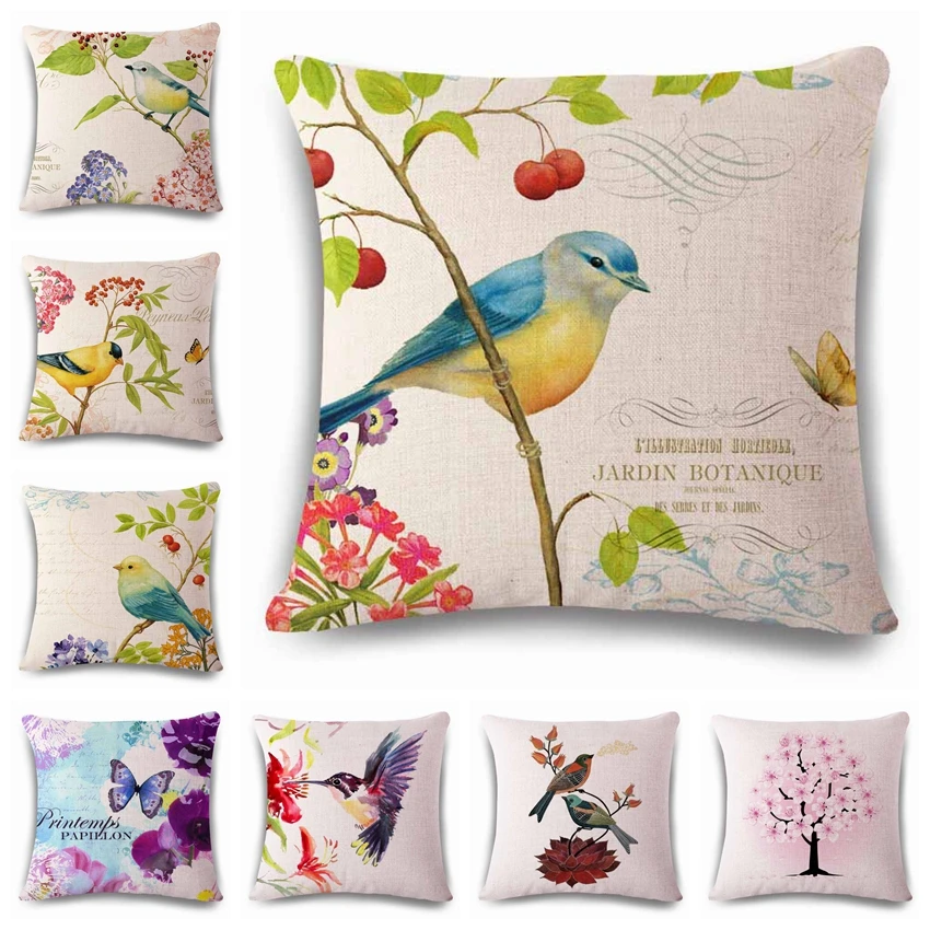 

Bird Butterfly Cushion Cover Woven Linen Family Affection Sofa Seat Family Home Decorative Throw Pillow Case Housse De Coussin