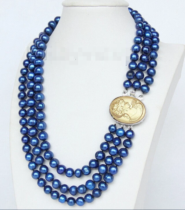 

Genuine 16" 3 Strand 9mm coffee FW pearls necklace cameo seashell clasp e2150