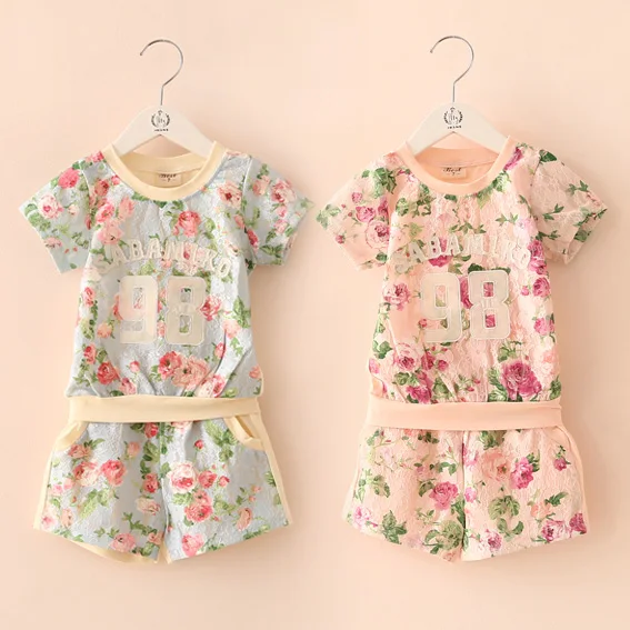 

2016 Summer Lace Female Child Girl Flower Floral Number Print Short-Sleeve Shorts Set Thin