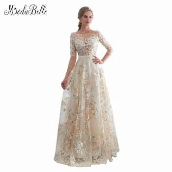 

modabelle New Floral Flowers Champagne Evening Dresses Avondjurken Three Quarter A-line Scoop Lace Prom Dresses Vestido Comprido