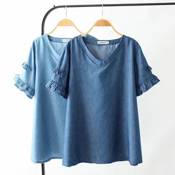 

2019 Large size Denim T-shirt top Women Spring Summer Ruffle Short sleeve Tee Female Tencel Loose Casual Tops Cotton Tshirt G107