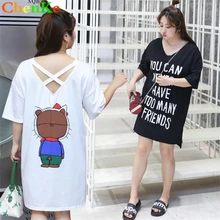 ChenKe до и после большой V шеи жира мм Для женщин Письмо с принтом медведя плюс Размеры Половина рукава футболки модные женские туфли Длинные футболка женская