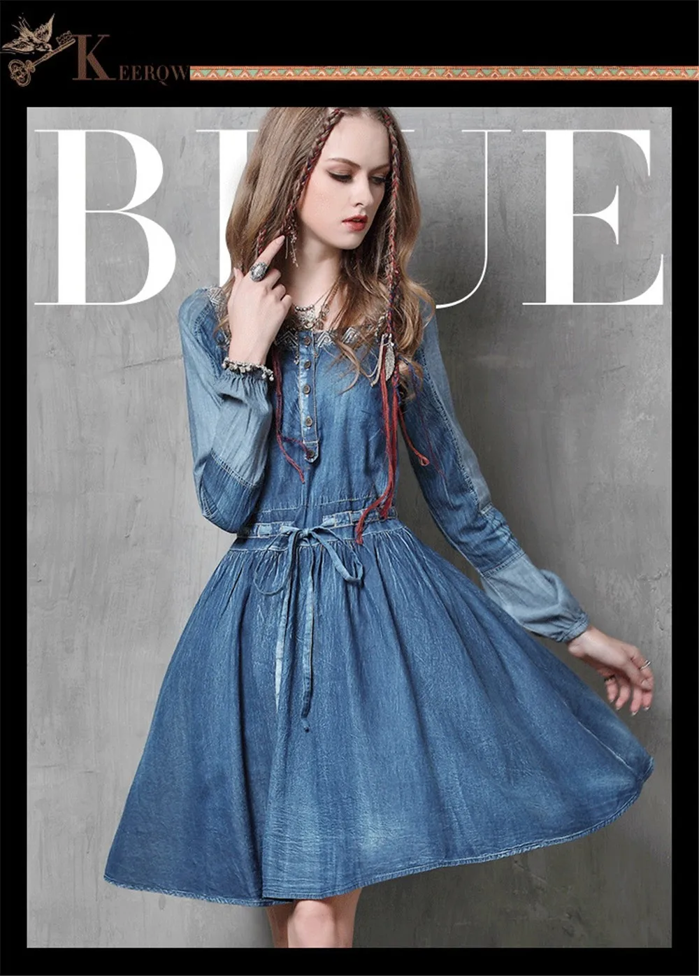 Vintage Cotton Women Dress Women's Cowgirl Embroidery Dress Long Puff Sleeve Dresses Drawstring Waist Cotton Vestidos Femininos (1)
