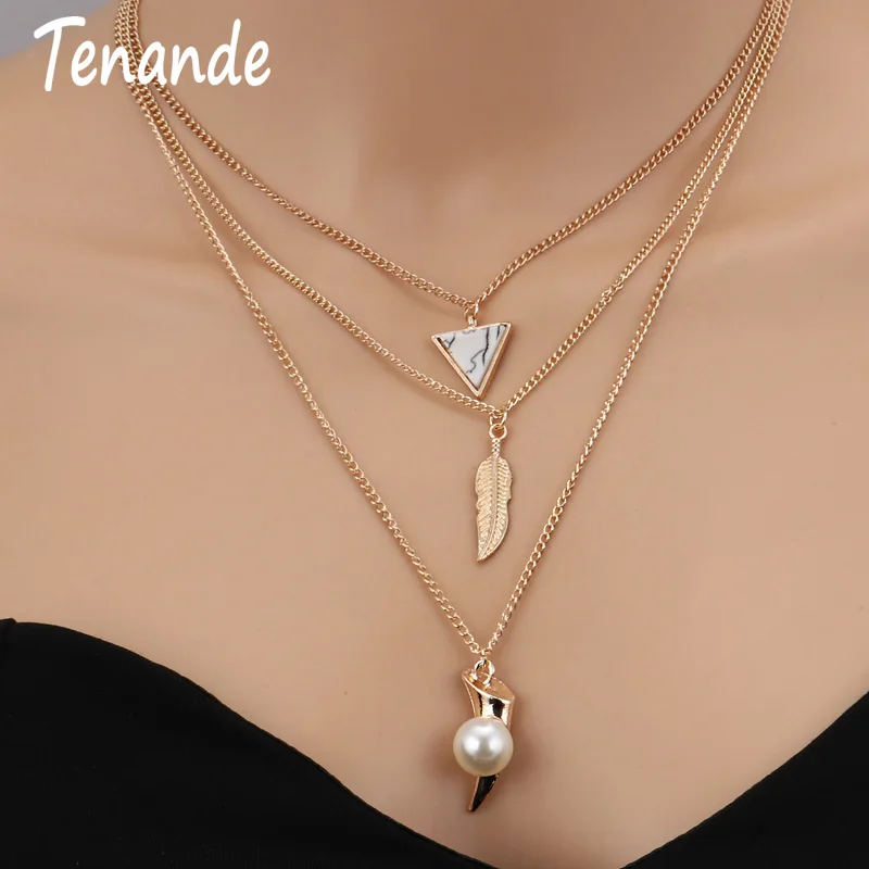 Tenande Trendy Multi Layer Big Statement Natural Stone Leaf Triangle Horn Simulated Pearl Necklaces &amp Pendants for Women Jewelry |