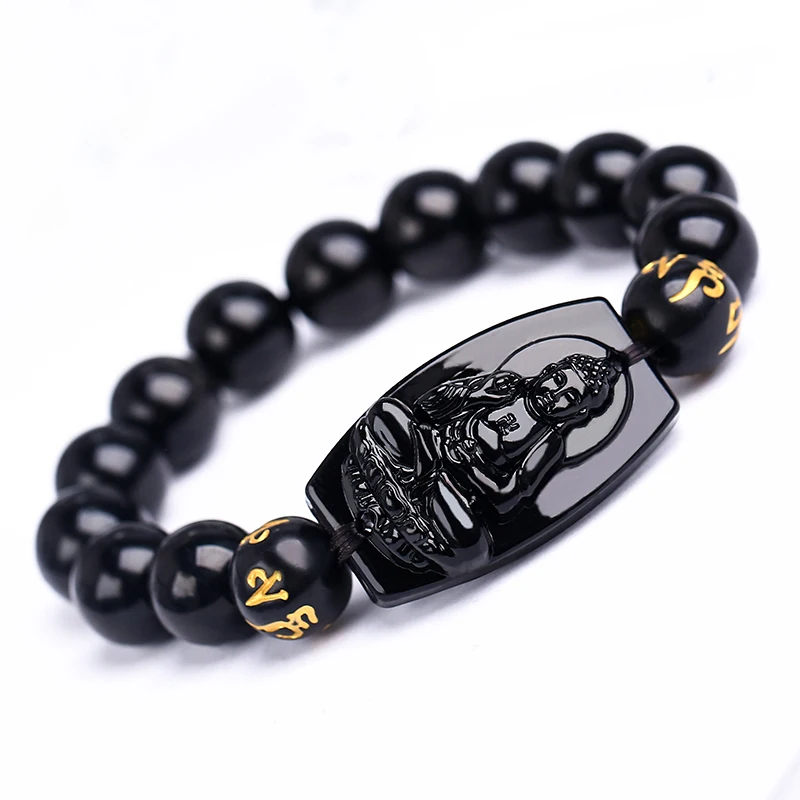 

10MM High Quality Natural Black Obsidian Carved Buddha Lucky Amulet Round Beads Bracelet For Women Men Bracelet Jad e Jewelry