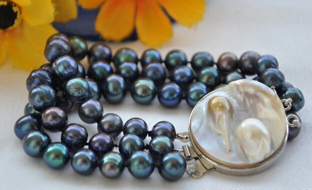 

Miss charm Jew.223 3row 8" 9-10mm black round freshwater pearl bracelet