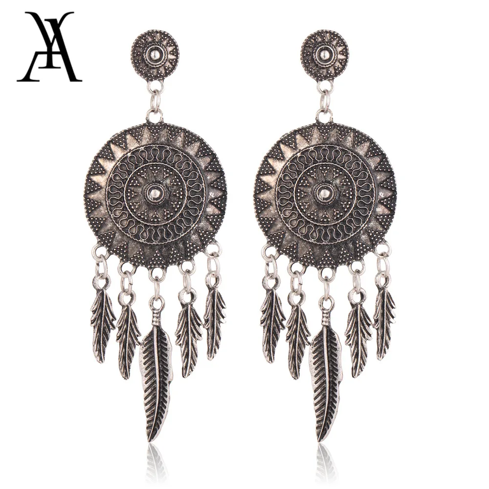 

Dream Catcher Hollow out Dangle Fringe Earrings Vintage Leaf Feather Drop Earring For Women Bohemia Style Earring Indian Jewelry