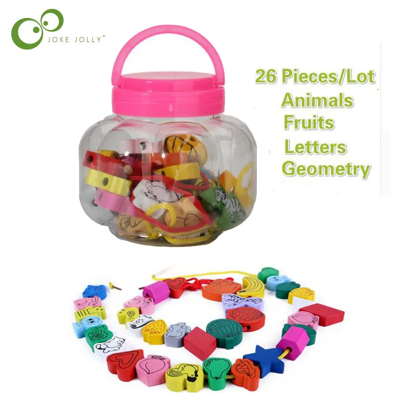 

26pcs/lot Wooden children's bead toys baby animals fruit cognition puzzle toys kindergarten early education toys LYQ