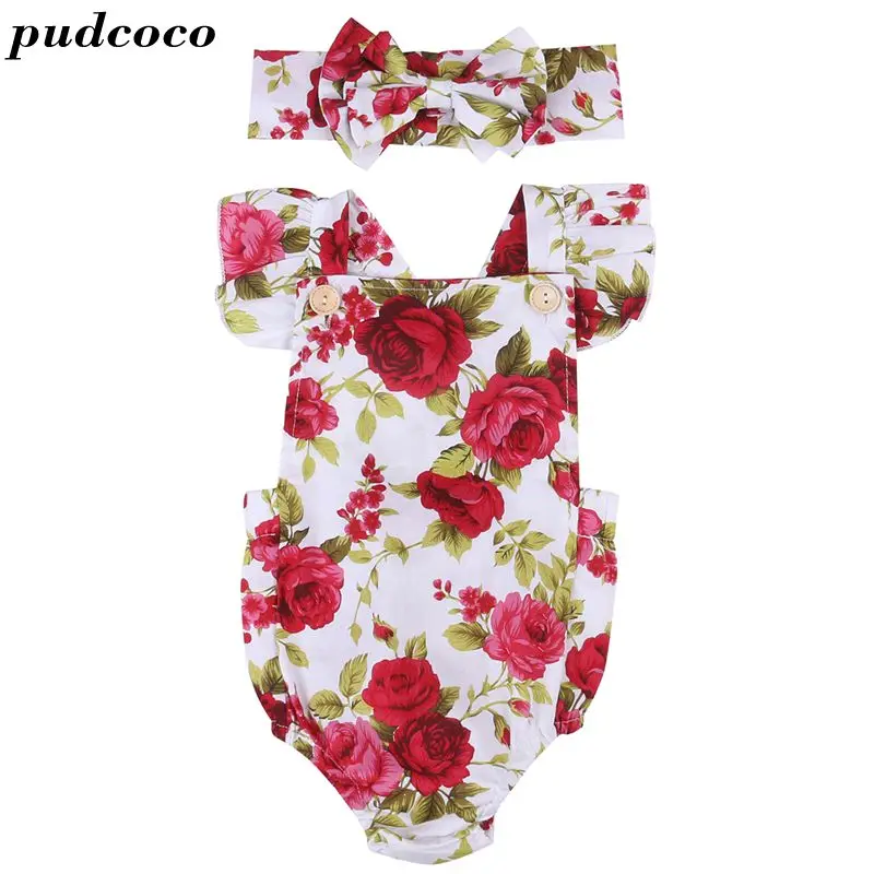 

With Headband 2017 new vintage floral cotton baby romper newborn baby girls pompom outfits newborn suit toddler kids clothing