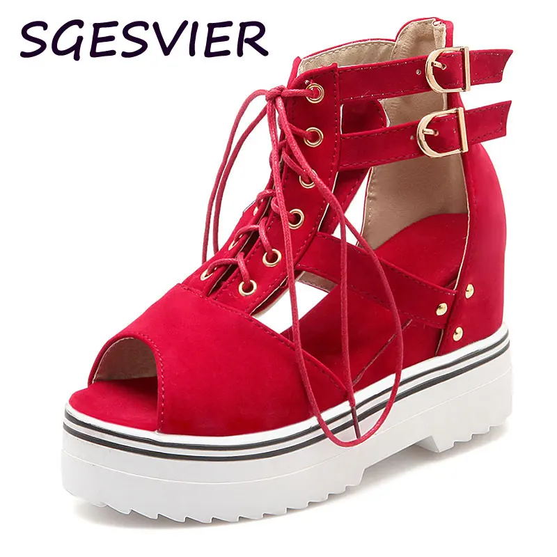 

SGESVIER2017 Women Wedges Sandals Thick Heel Platform Summer Shoes Hollow Out Fashion Woman Open Toe Gladiator Sandals XT146