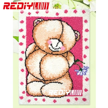 

3D Latch Hook Rug 100% Acrylic Yarn Cushion Set for Embroidery Floor Mat Pre-Printed Canvas Blanket Pink Bear DIY Carpet Rug