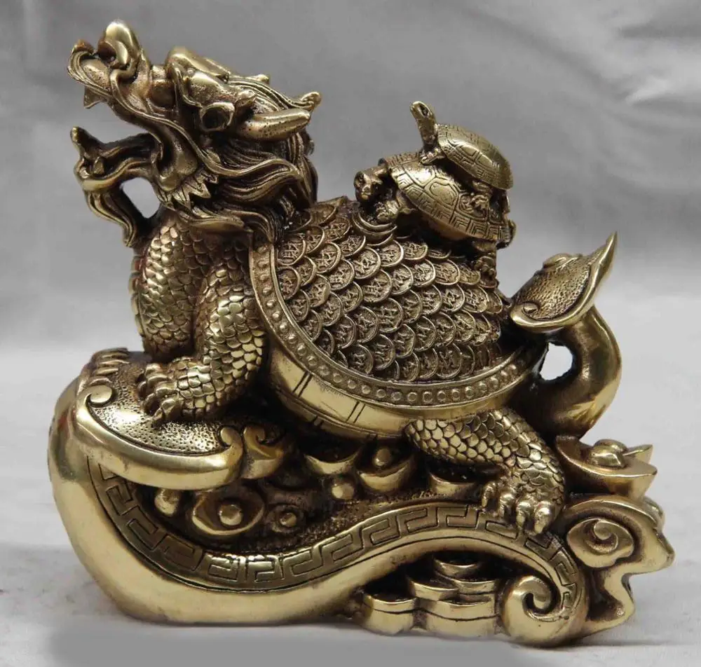 

China Copper Brass Yuanbao Wealth Money Dragon turtle Tortoise Ruyi Statue