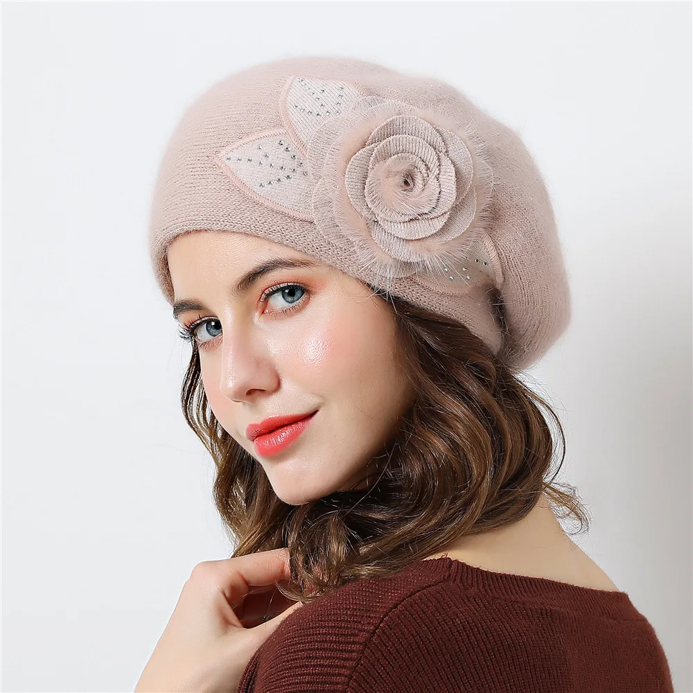 Angora Beret Women Winter Hat Knit Cap Beanie Headwear Warm Flower Casual Soft Classic Thermal Snow Outdoor Accessory (3)