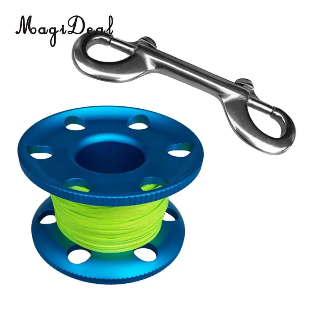 MagiDeal Scuba Diving Aluminium Finger Spool Reel Line Stainless Steel Snap Bolt Clip 20/30/50M Blue Purple Black