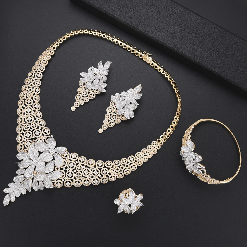 

Luxury Multiply Flowers Nigerian Wedding Jewelry Sets African Necklace Earrings Bangle Rings Full CZ Jewelry Sets For Bridal