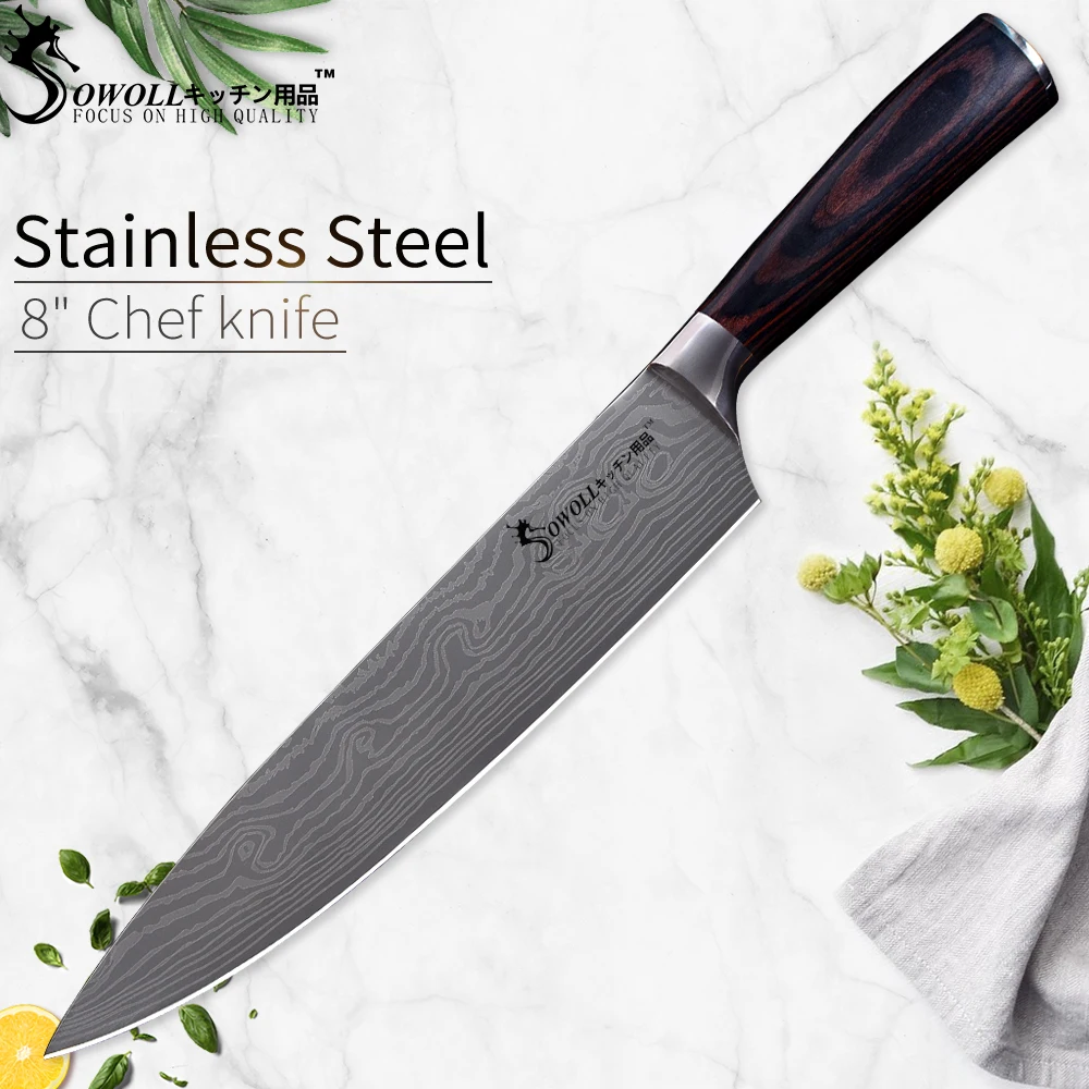 

Sowoll Damascus Wave Pattern Kitchen Knife Stainless Steel Knives Set Utral Sharp Blade Color Wood Handle Knife Wave Pattern