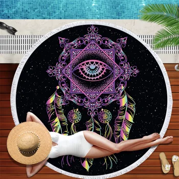 

Feather Printed Round Beach Towel Indian Ethnic Microfiber Fringe Living Room Wall Hanging Tapestry Plush Yoga Mat