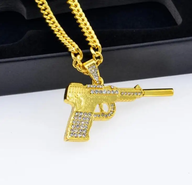 

Mens Full Iced Rhinestone HIP Hop pistol Necklaces & Pendants Gold Color Stainless Steel Iced Out Bling Gun Jewelry Cuban Twist