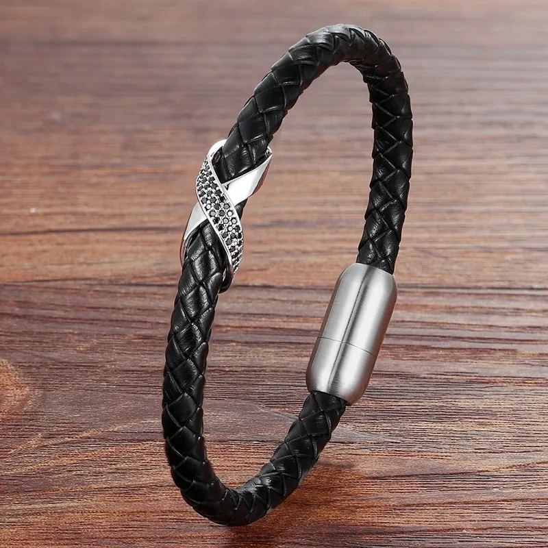 XQNI “X” Design with Magnet Clasp Cubic Zircon 4 Colors Genuine Leather Bracelets for Male Women Luxury Jewelry Birthday Gift