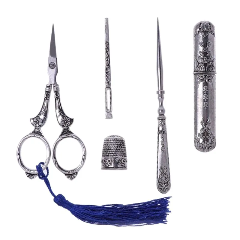 

HOT Sewing Scissors Set Vintage Embroidery Tool Alloy Awl Threader Thimble Needle Case Kit NDS66