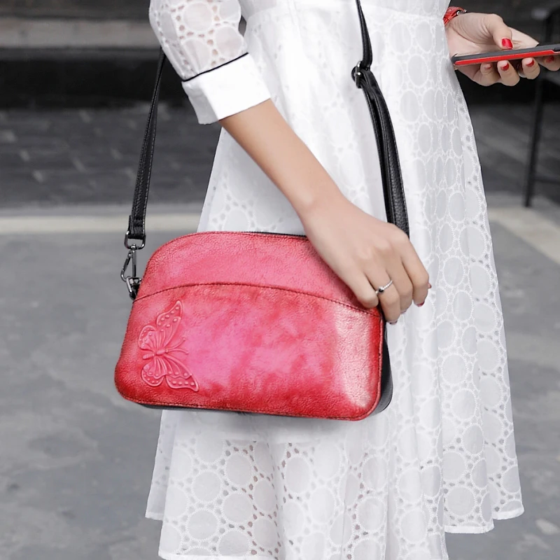 

National Style Vintage Shoulder Bag Genuine Leather Soft Top Leather Flap Women Fashion Crossbody Small Messenger Pack Lady Bags