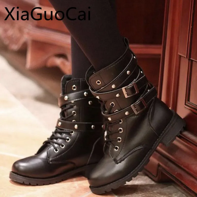 

Brand Winter Women Motorcycle Boots Flat Buckle Mid-calf Female Winter Martin Boots Pu Leather Fashion Boots